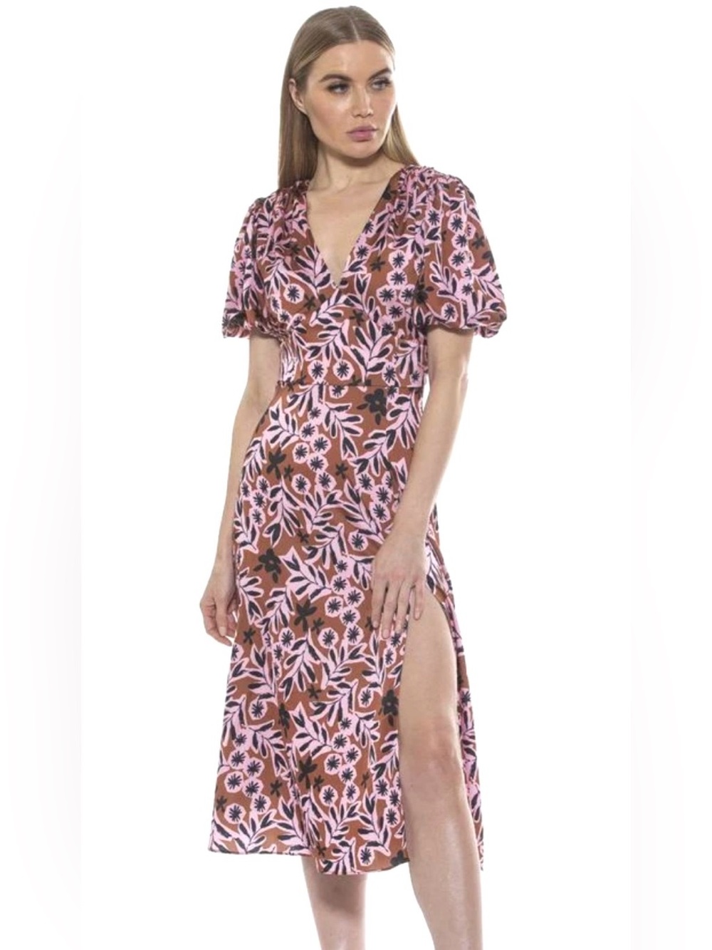 Alexia Admor NWT Fit n Flare Floral Midi Dress Sz 14 Pink Rust Black Puff Sleeve